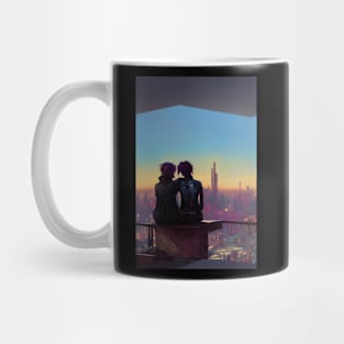 Cyberpunk Women Embracing in City Silhouette Mug